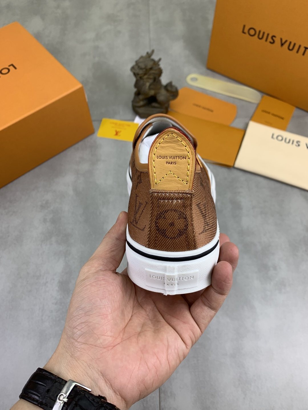 Louis Vuitton Tan Monogram Slip-On Shoes — back
