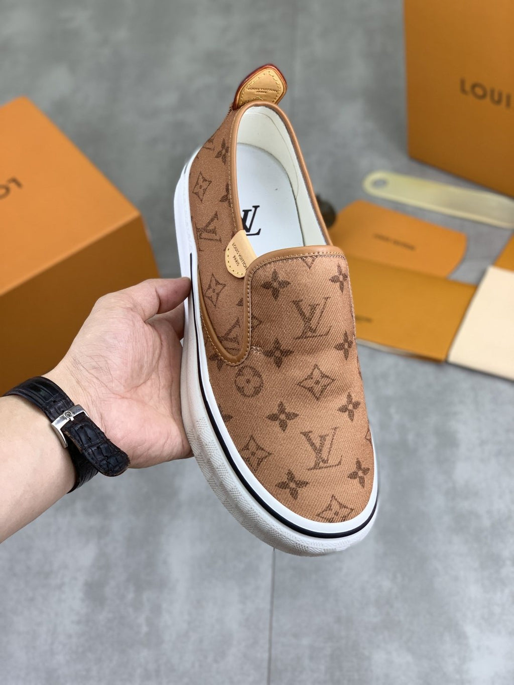 Louis Vuitton Tan Monogram Slip-On Shoes — front