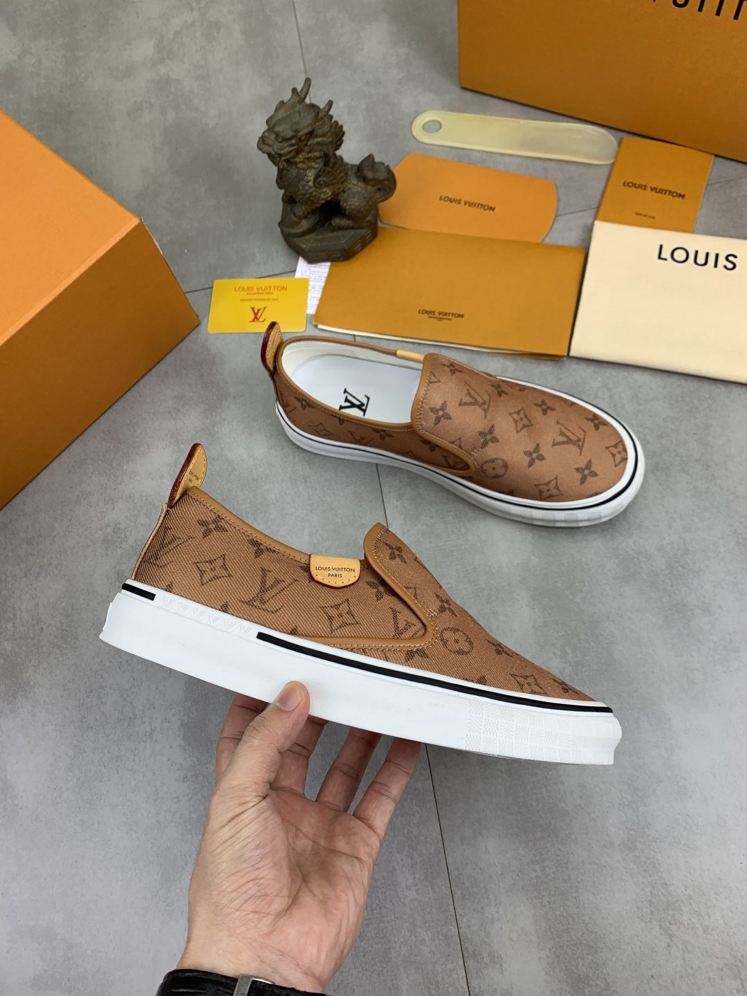 Louis Vuitton Tan Monogram Slip-On Shoes — side