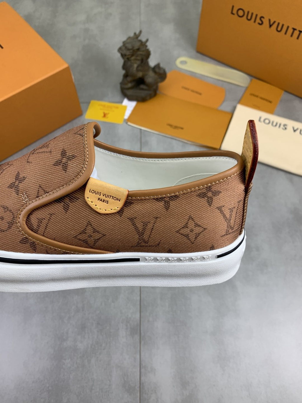 Louis Vuitton Tan Monogram Slip-On Shoes — detail