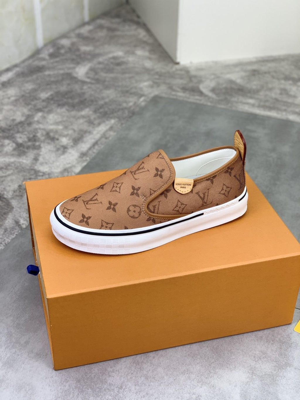 Louis Vuitton Tan Monogram Slip-On Shoes — side