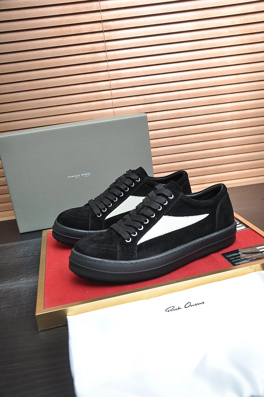 Rick Owens Black Low-Top Sneakers with White Side Panels — front
