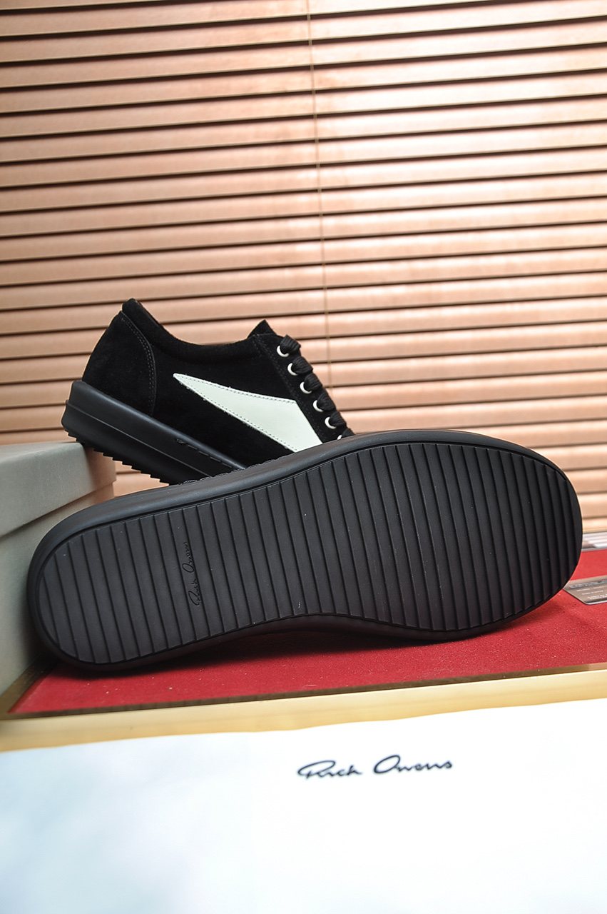 Rick Owens Black Low-Top Sneakers with White Side Panels — detail