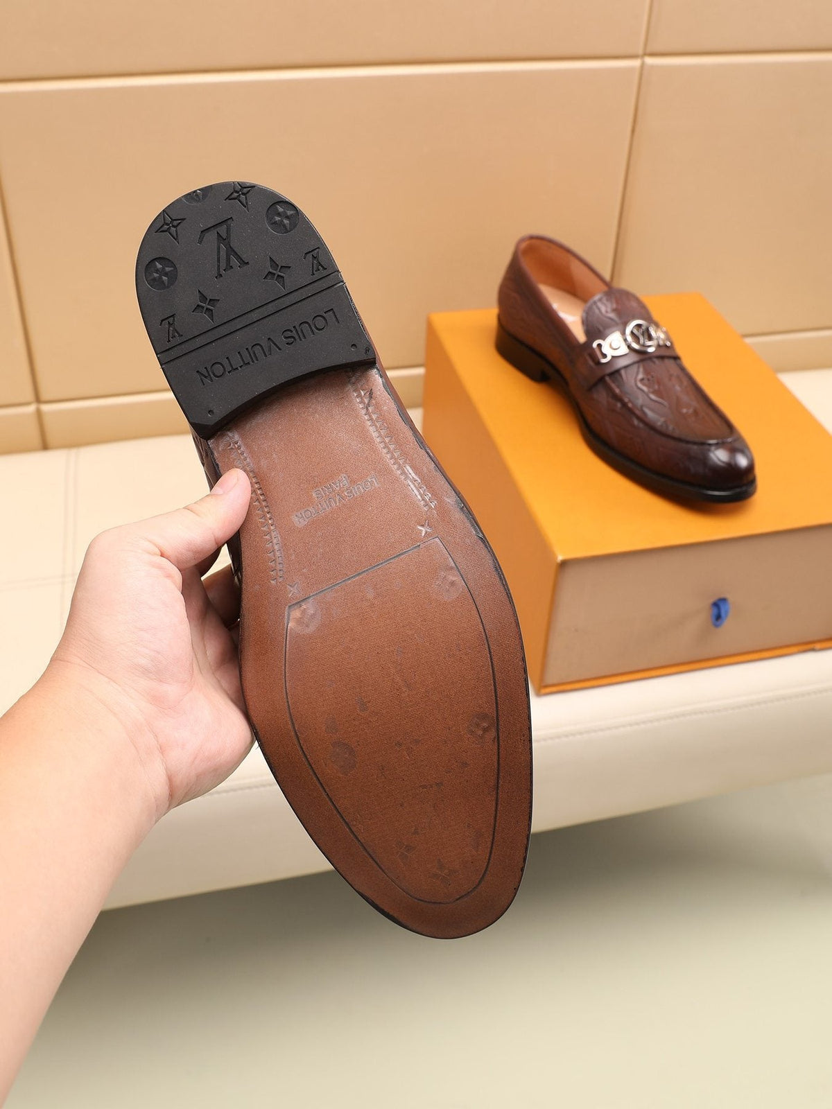 Louis Vuitton Dark Brown Embossed Loafers — detail