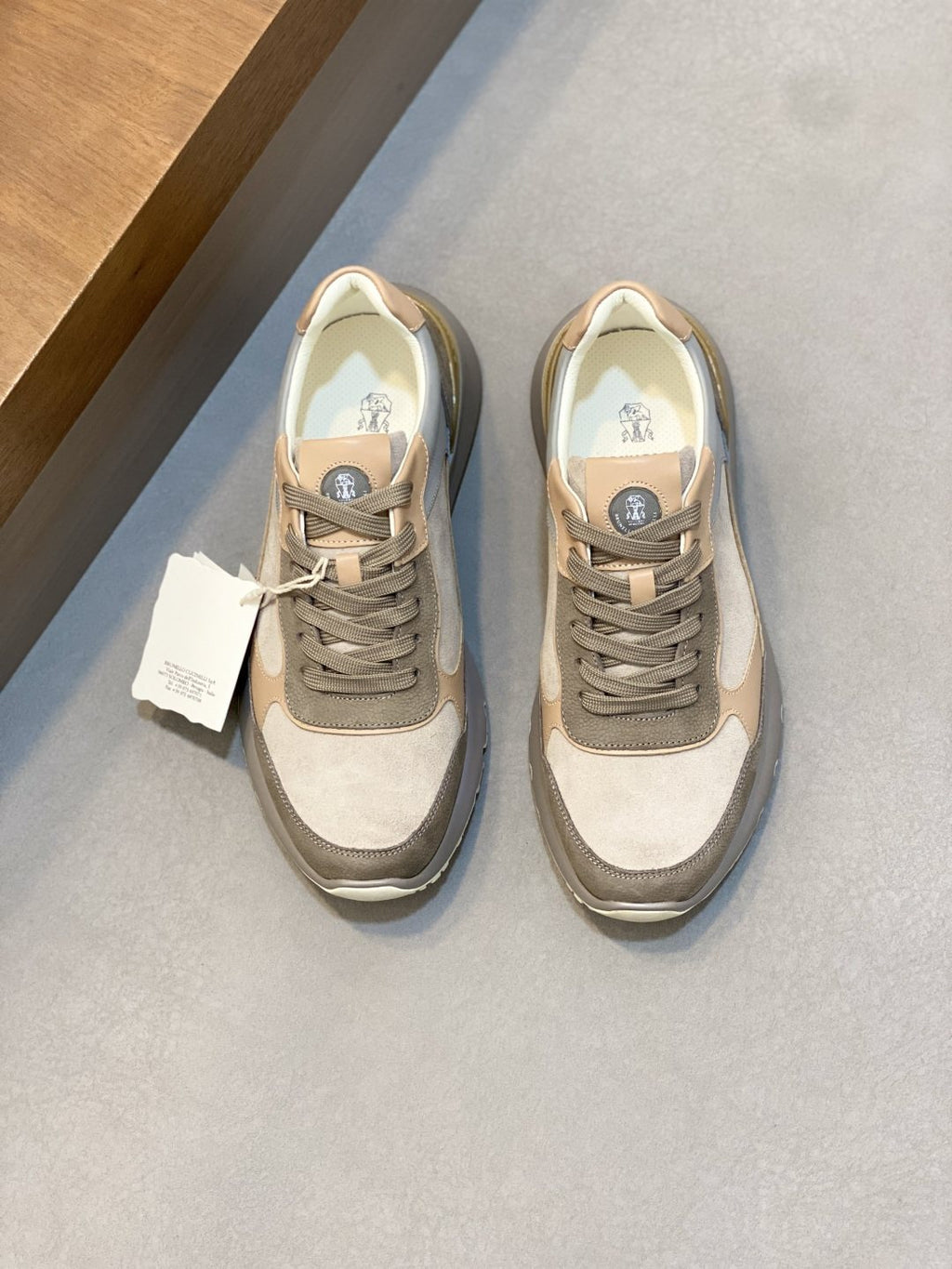 Brunello Cucinelli Cream and Gray Low-Top Sneakers — front