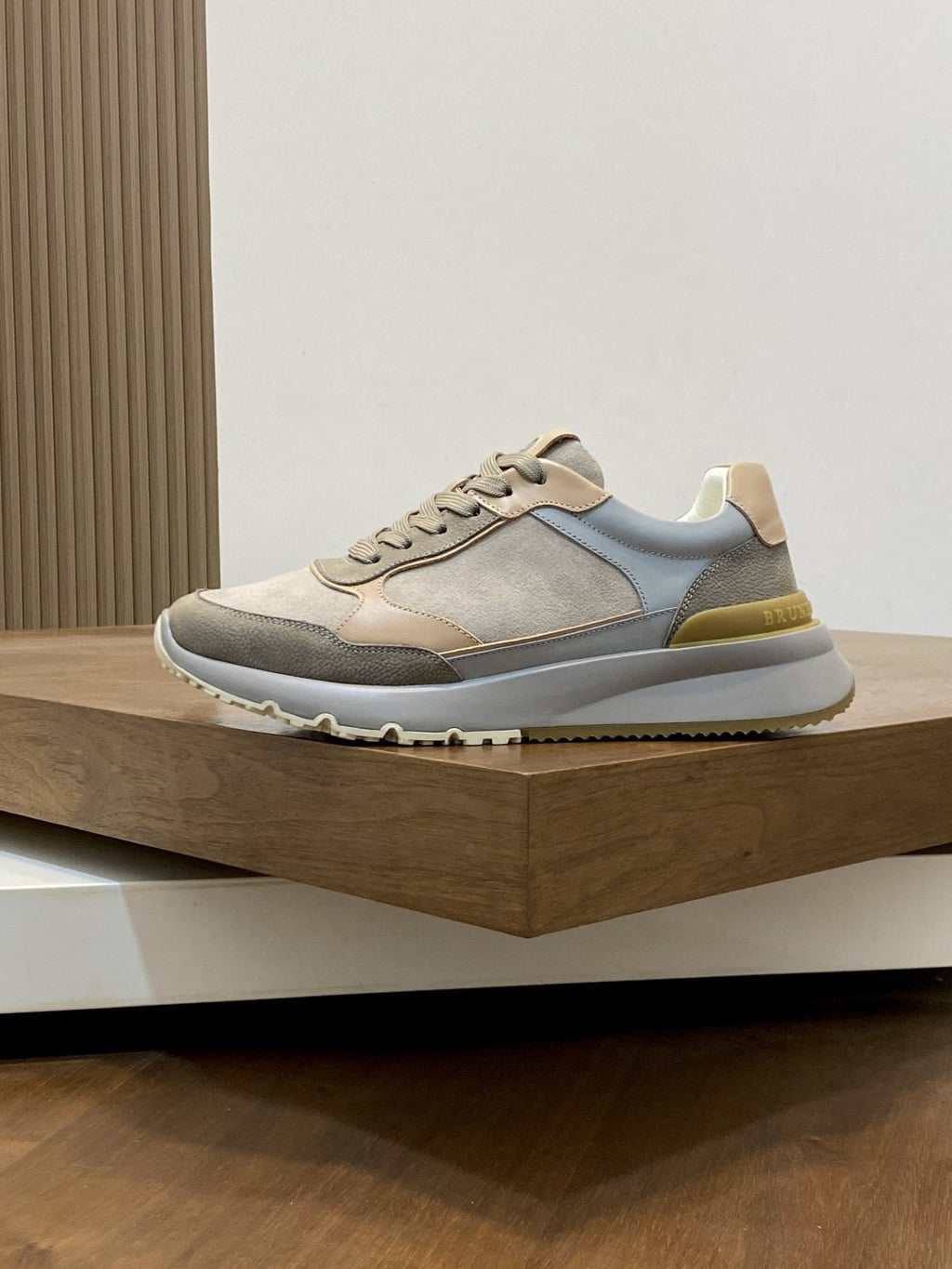 Brunello Cucinelli Cream and Gray Low-Top Sneakers — side