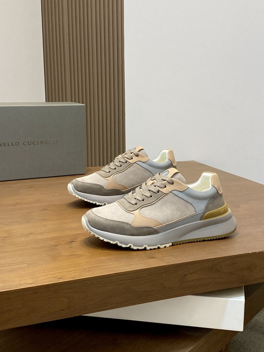 Brunello Cucinelli Cream and Gray Low-Top Sneakers — front