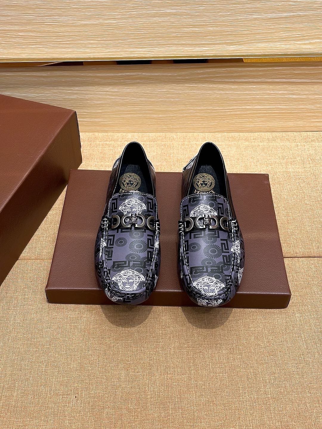 Versace Black and Gray Patterned Loafers — front