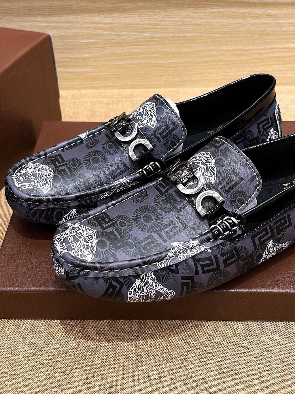 Versace Black and Gray Patterned Loafers — front