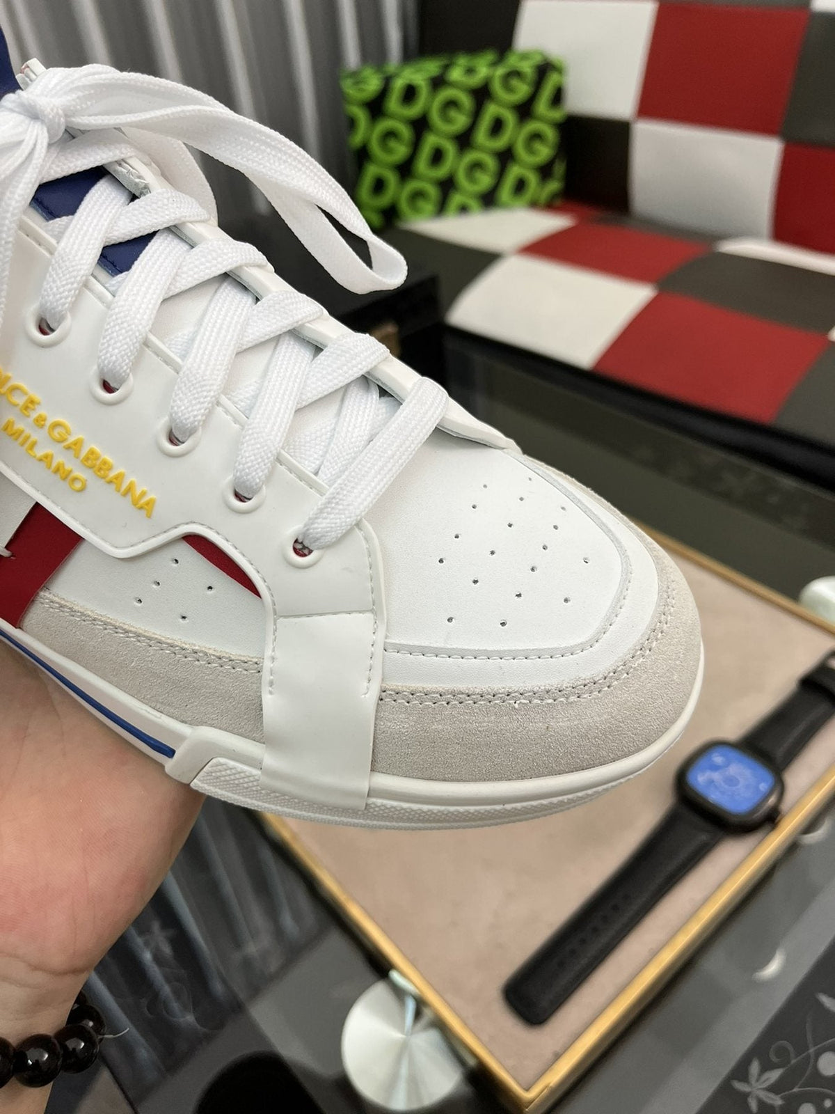 Men's White Low-Top Sneakers with Red and Navy Accents — detail