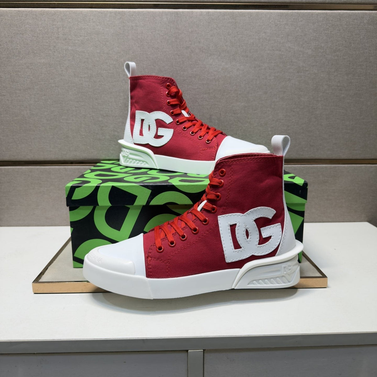 Dolce & Gabbana Red and White High-Top Sneakers — side