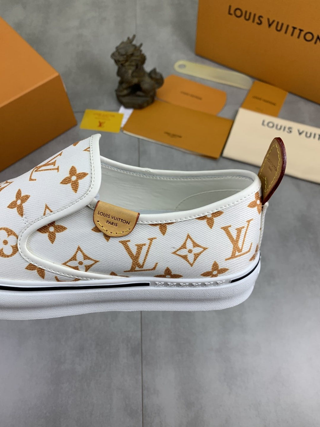 Louis Vuitton White Printed Slip-On Shoes — detail