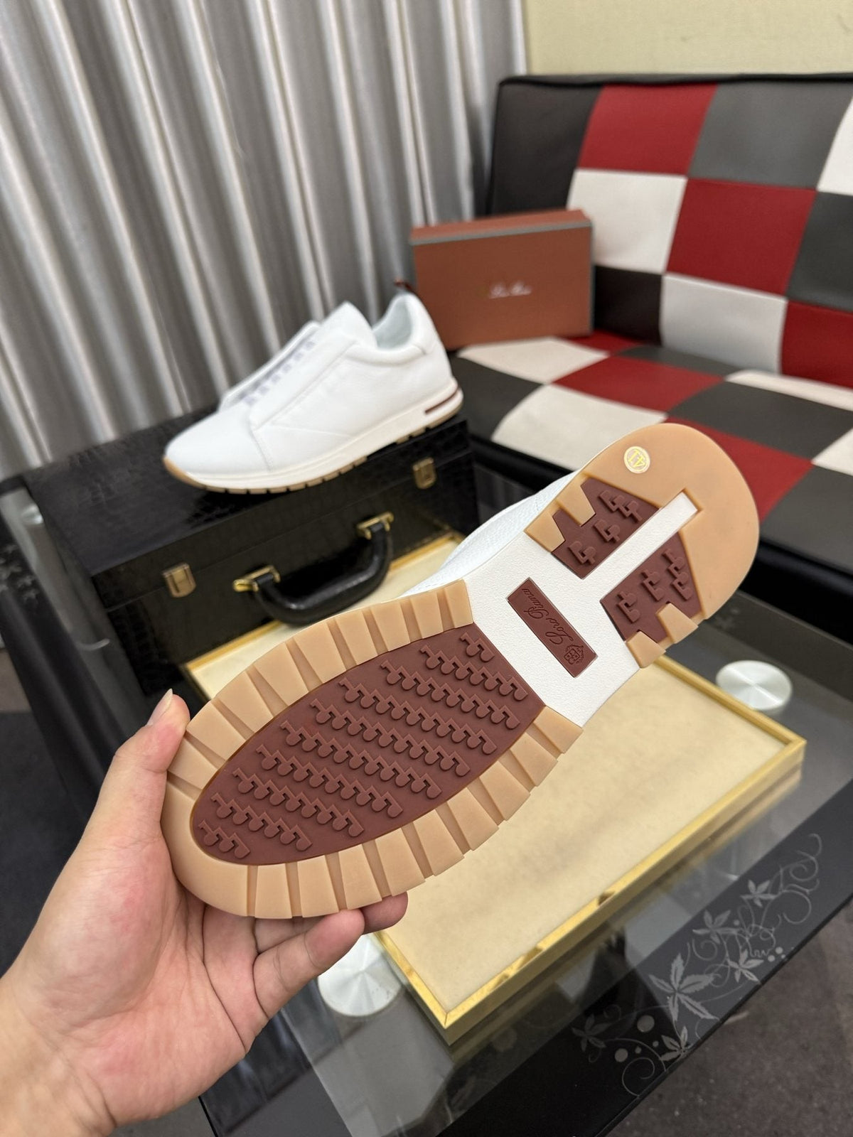 Men's White Slip-On Sneakers with Gray Bands — detail