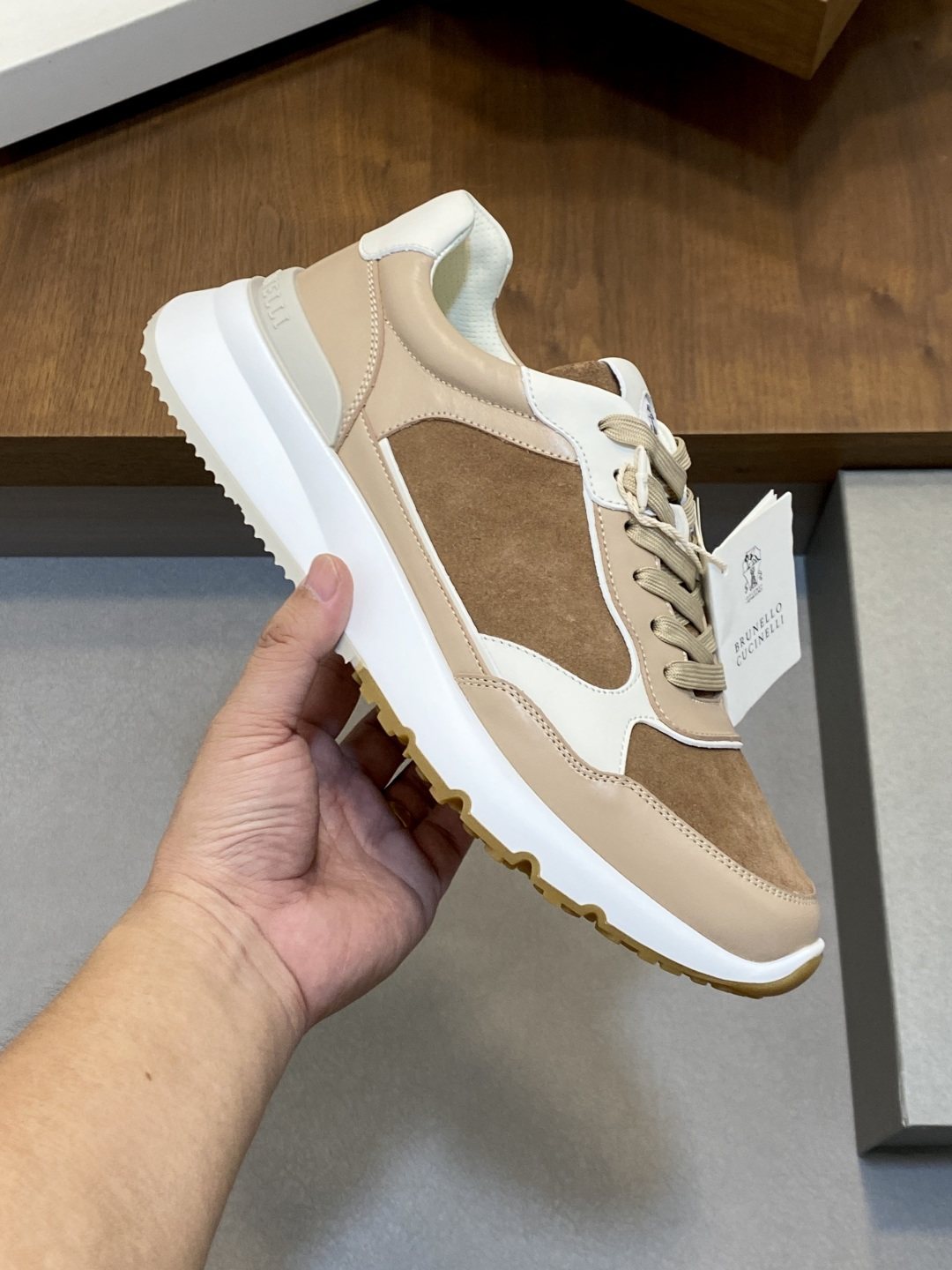 Brunello Cucinelli Tan and Brown Low-Top Sneakers — model