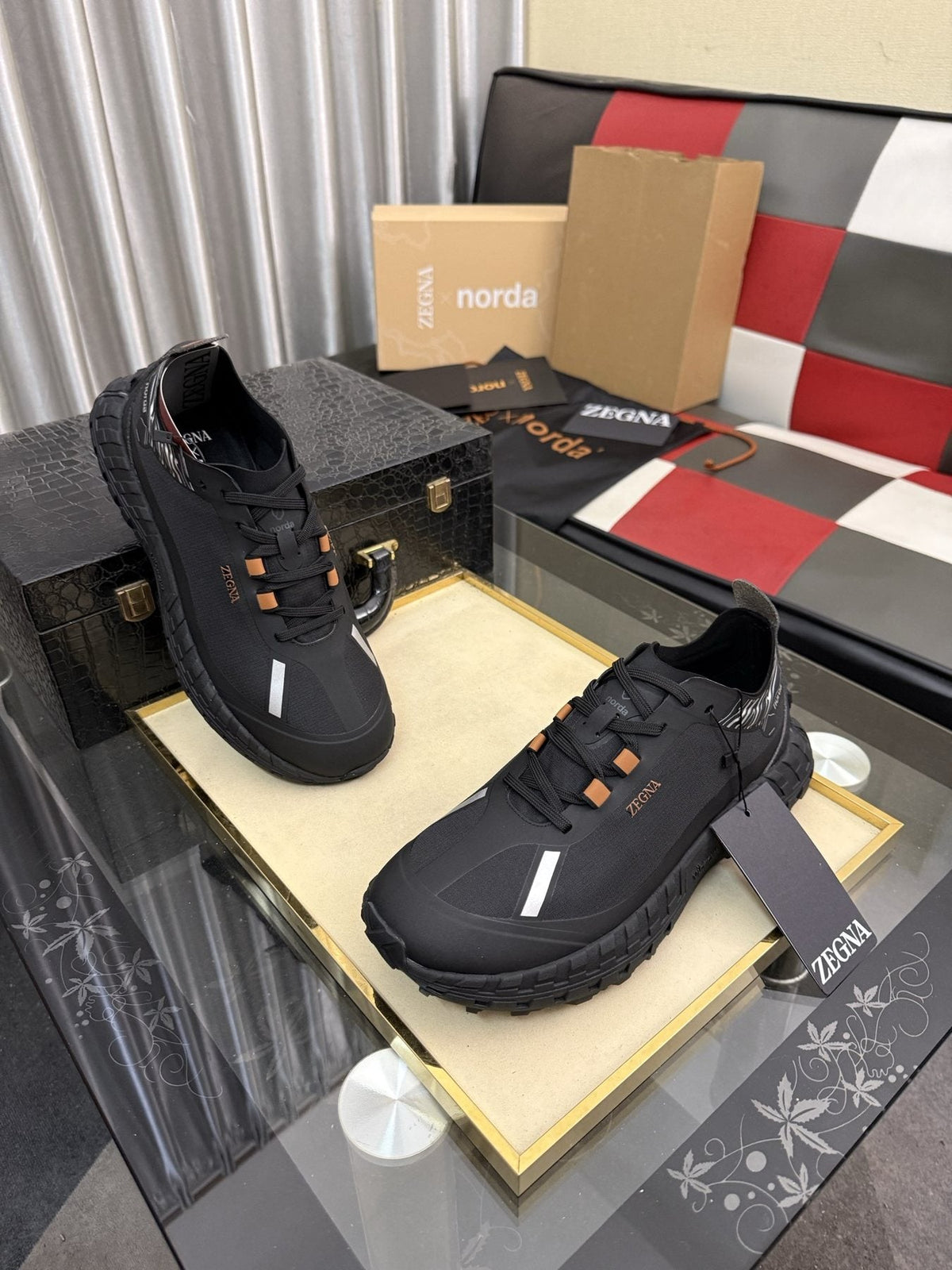 ZEGNA Black Trail Running Shoes with Orange Accents — front