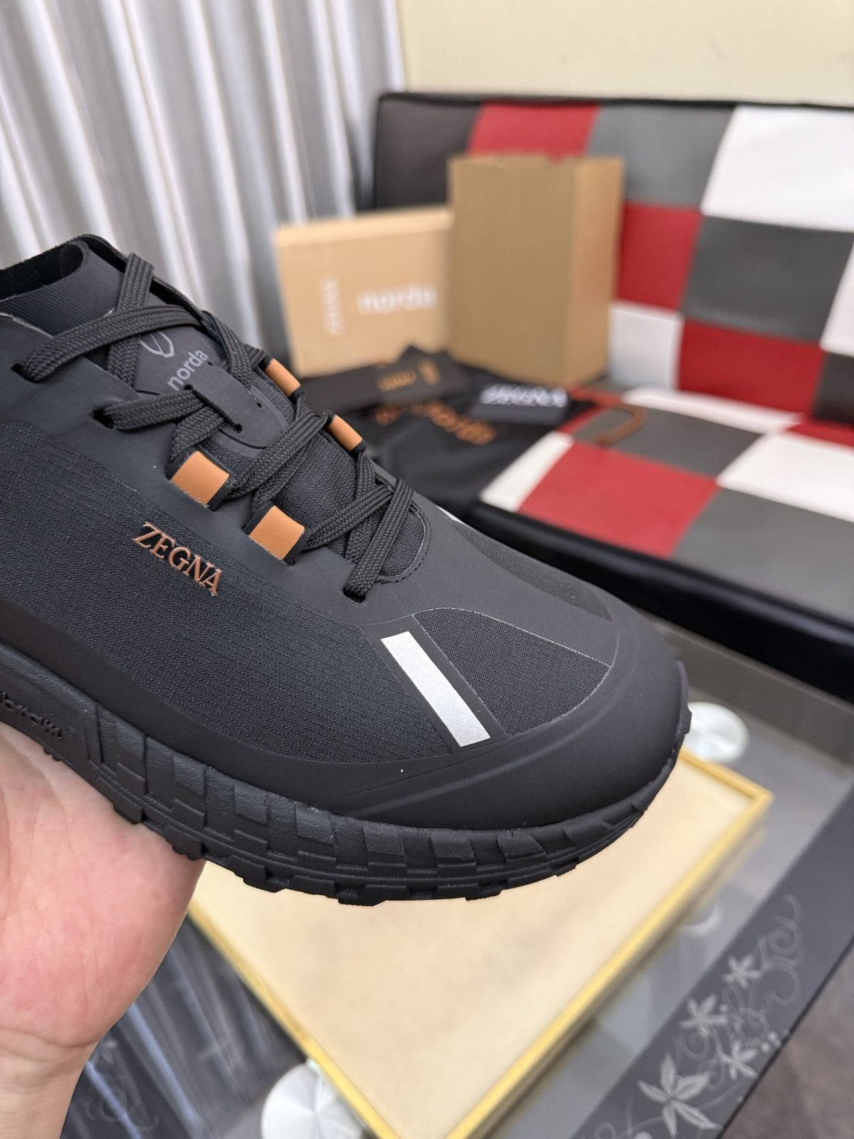 ZEGNA Black Trail Running Shoes with Orange Accents — detail
