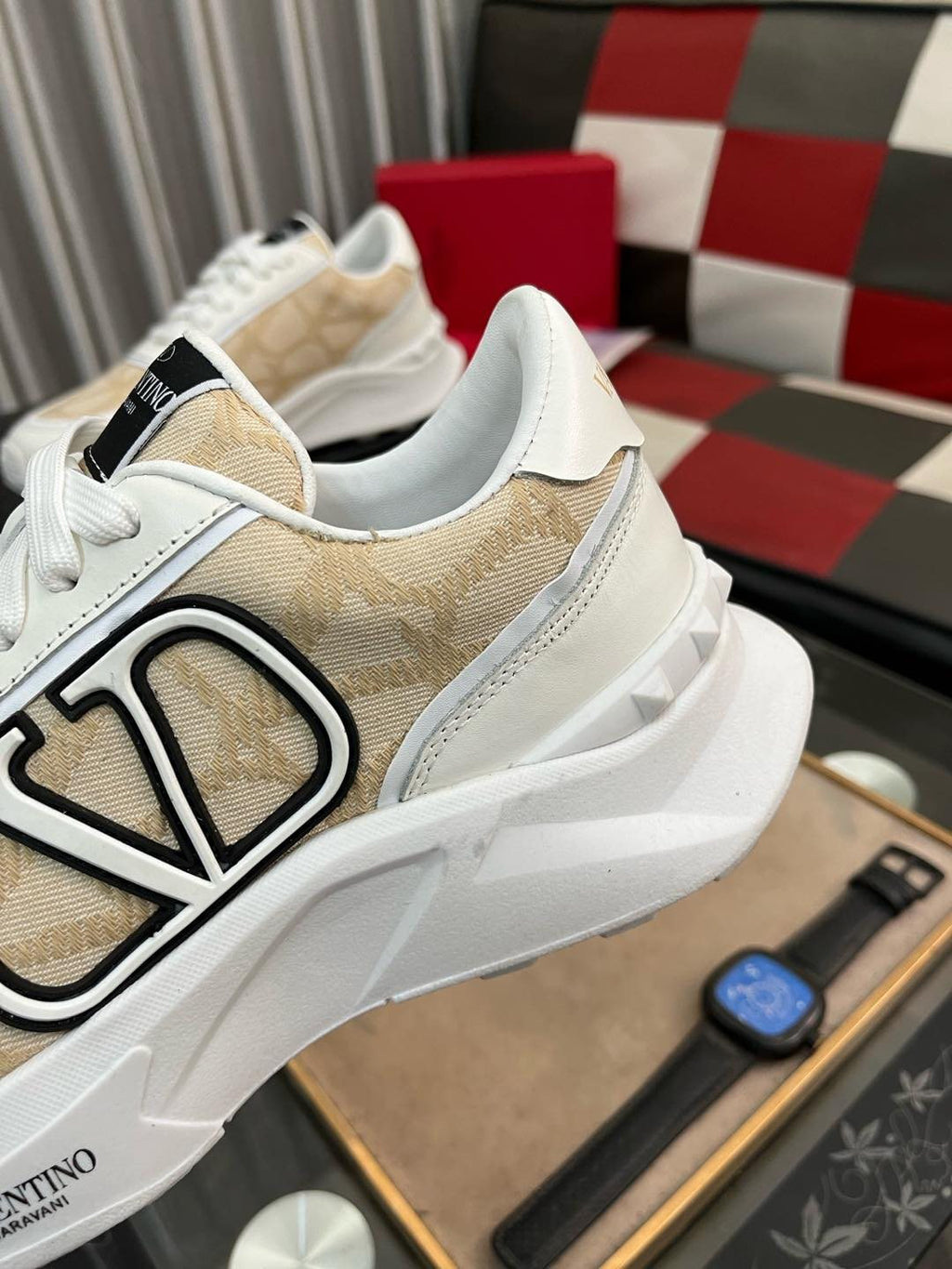 Valentino Cream and Beige V-Motif Sneakers — detail