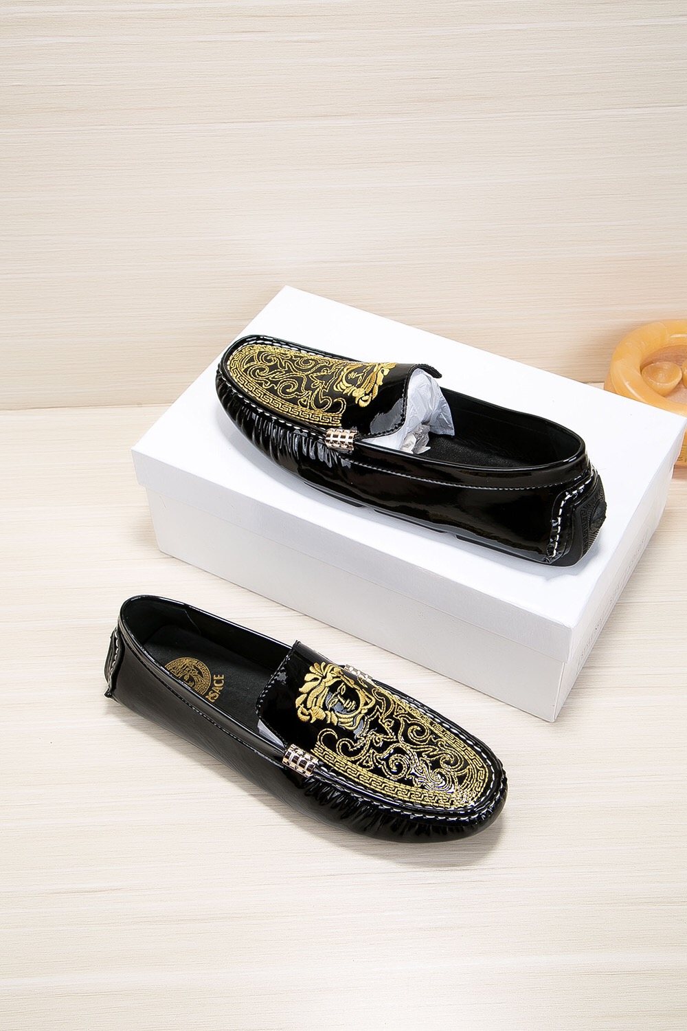 Versace Black Loafers with Gold Embroidery — front