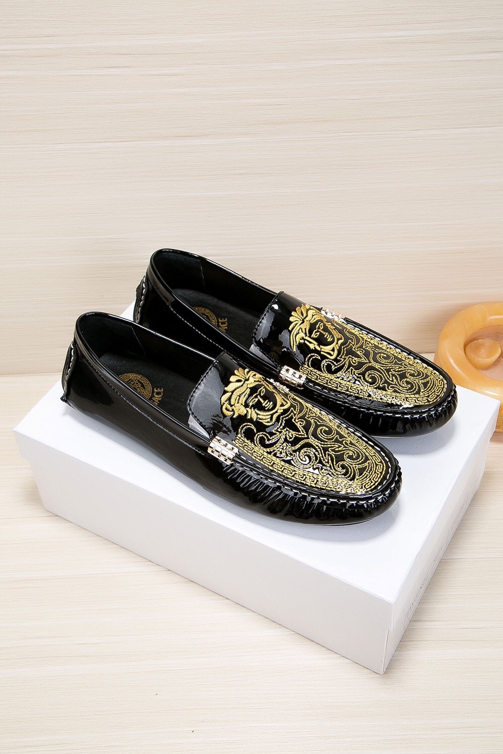 Versace Black Loafers with Gold Embroidery — front