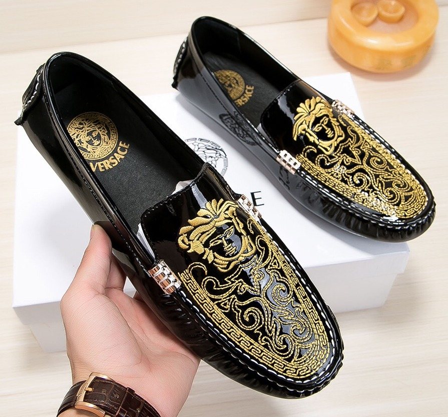 Versace Black Loafers with Gold Embroidery — front