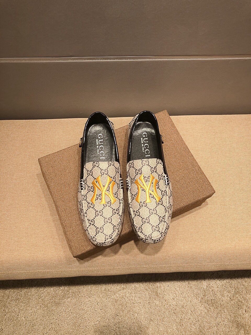 Gucci Beige Patterned Embroidered Loafers — hero