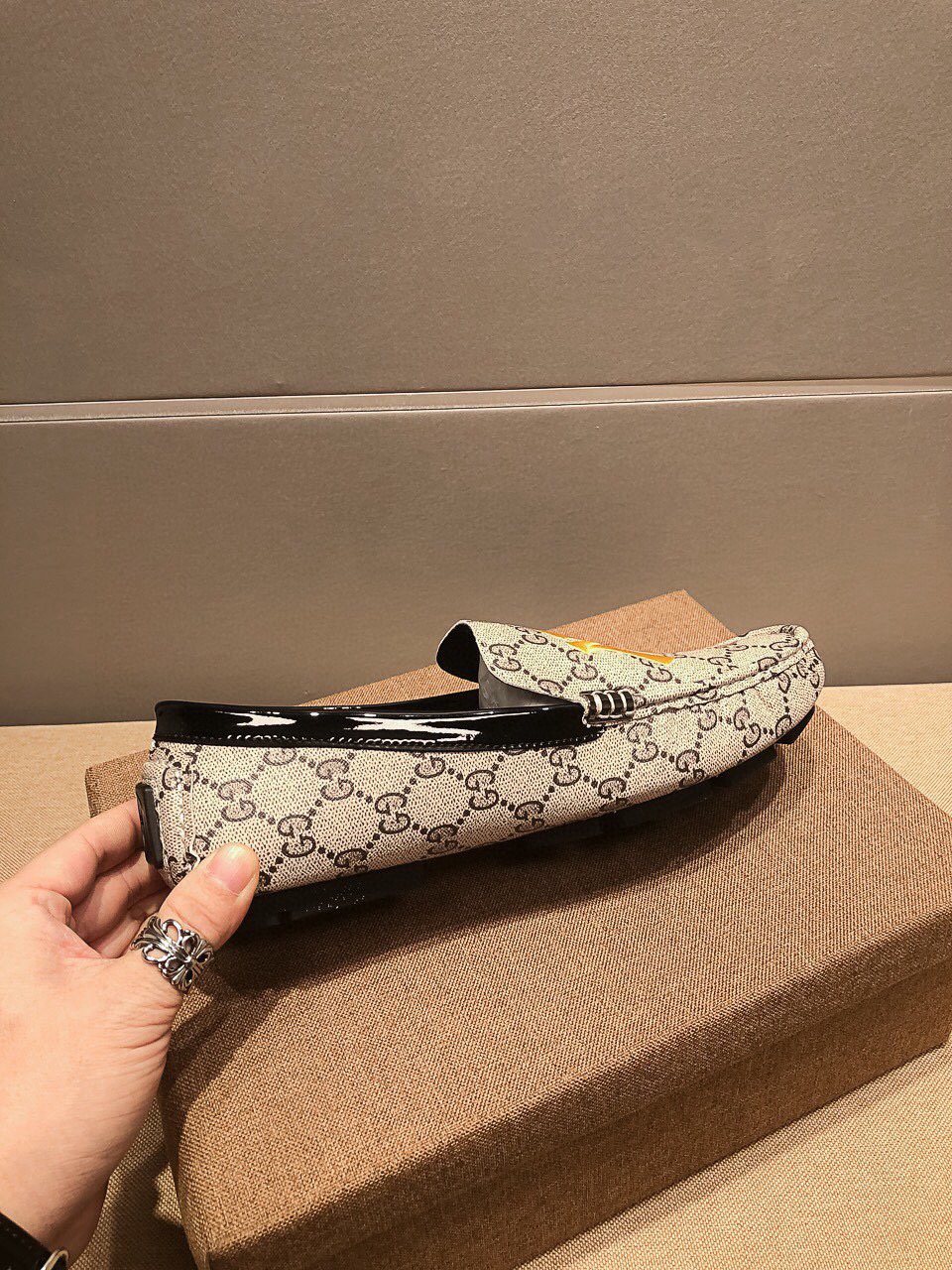 Gucci Beige Patterned Embroidered Loafers — side