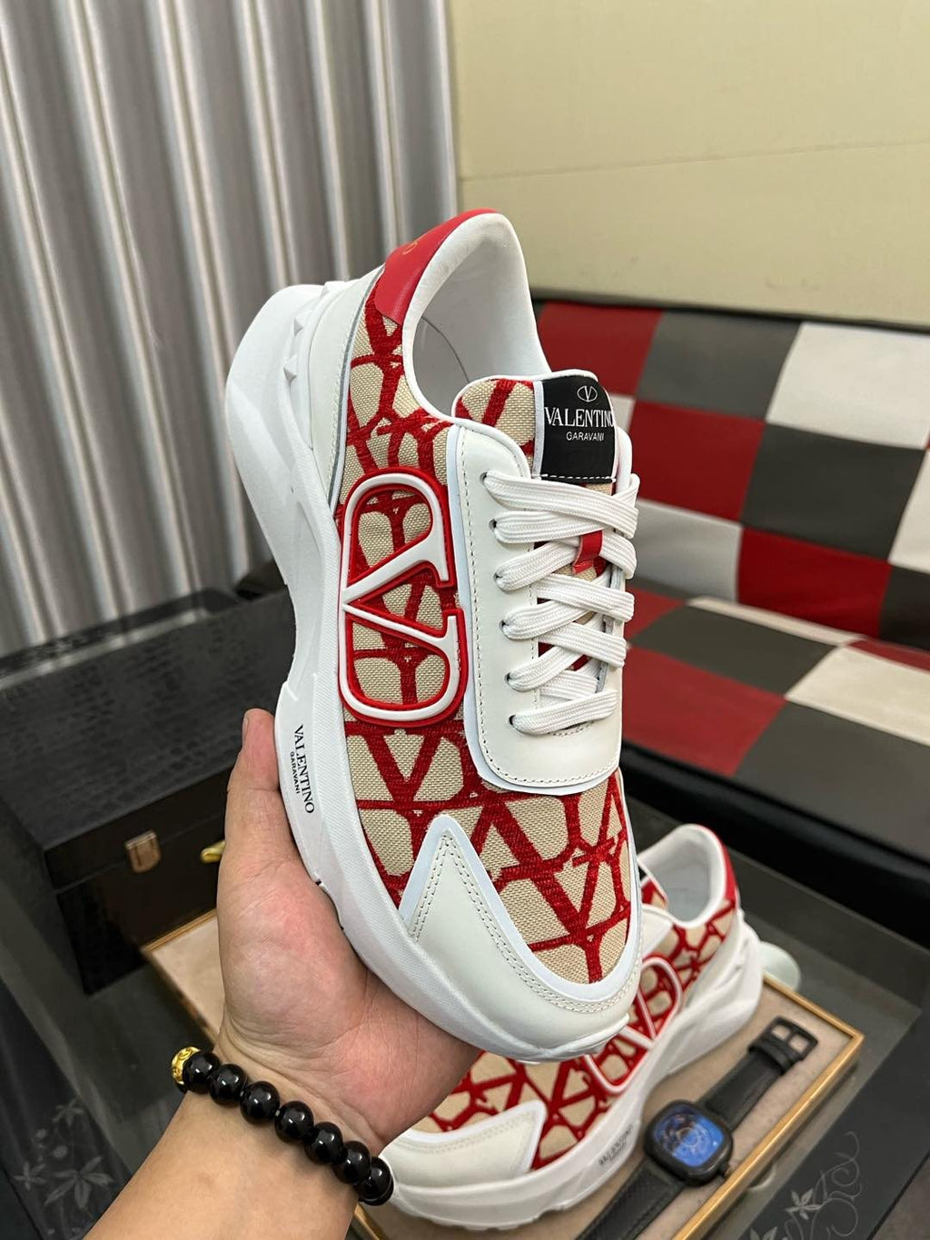 Valentino White and Red Patterned Sneakers — model