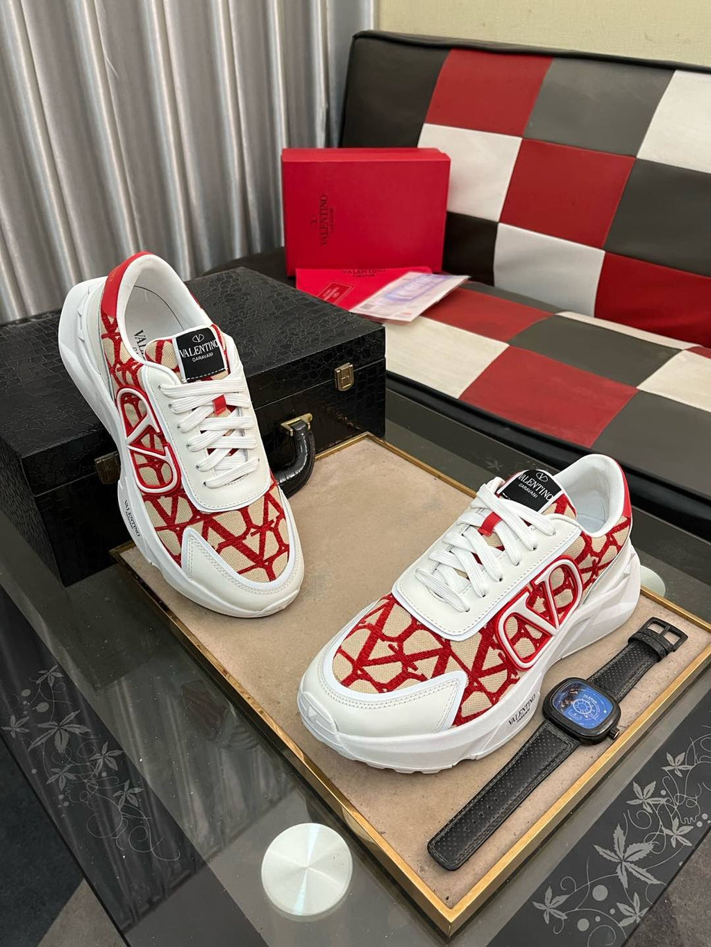 Valentino White and Red Patterned Sneakers — front