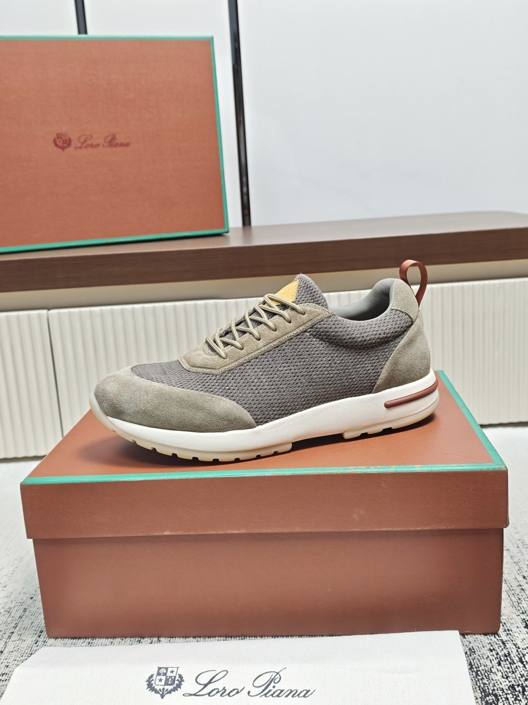 Loro Piana Gray Taupe Lace-Up Sneakers — front