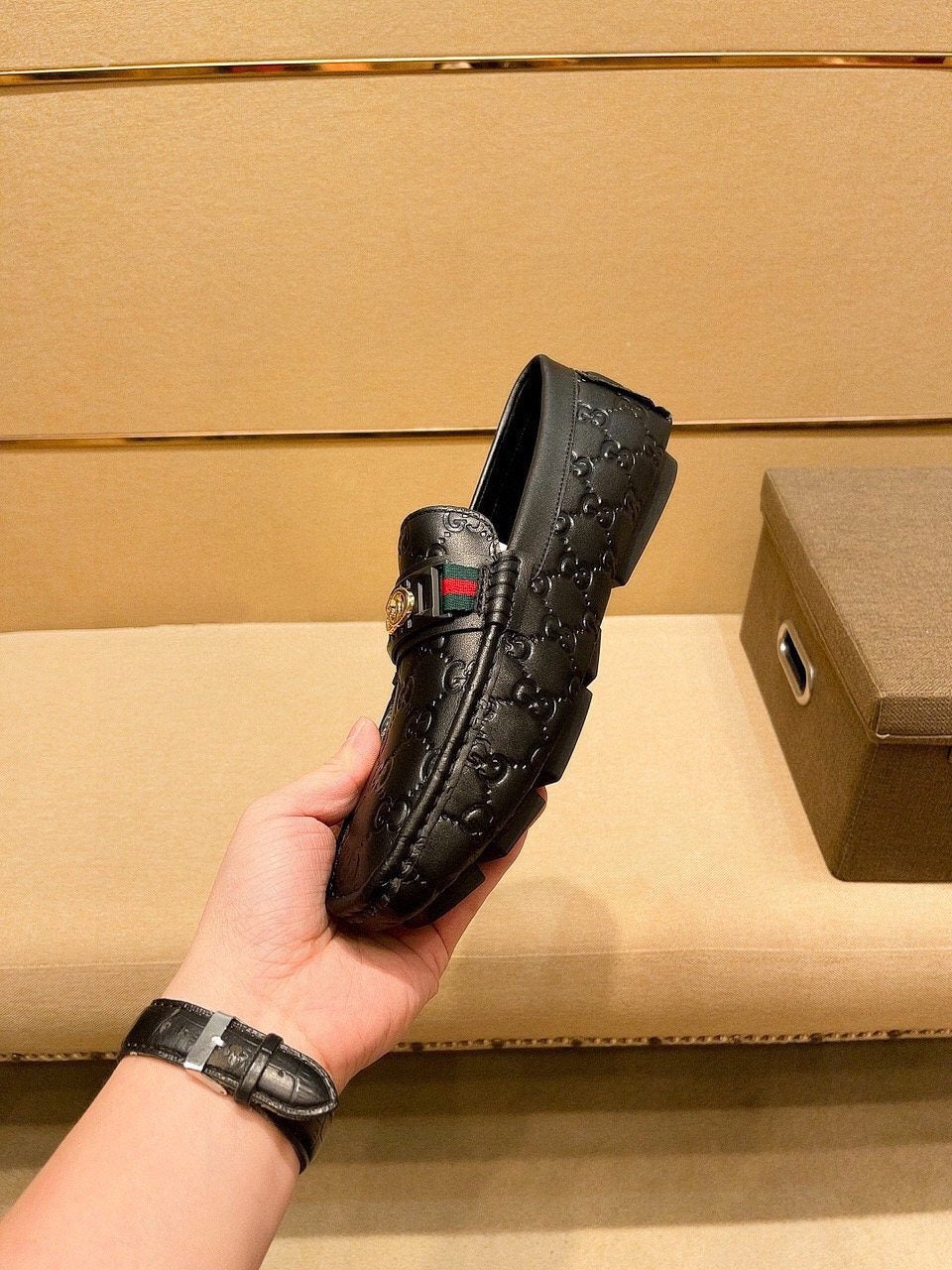 Gucci Black Embossed Loafers — side