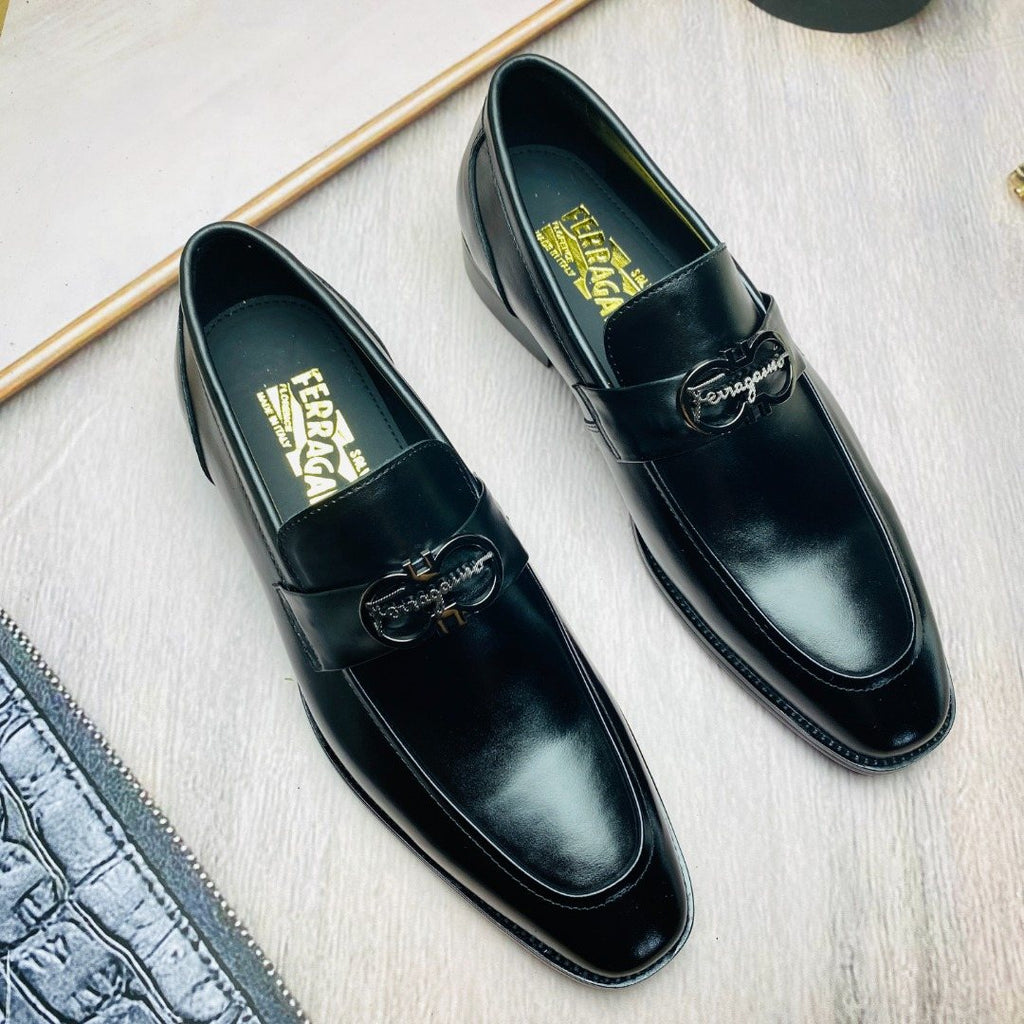 Ferragamo Black Metal-Accent Loafers — front