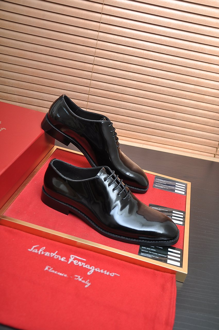 Ferragamo Black Lace-Up Dress Shoes — front