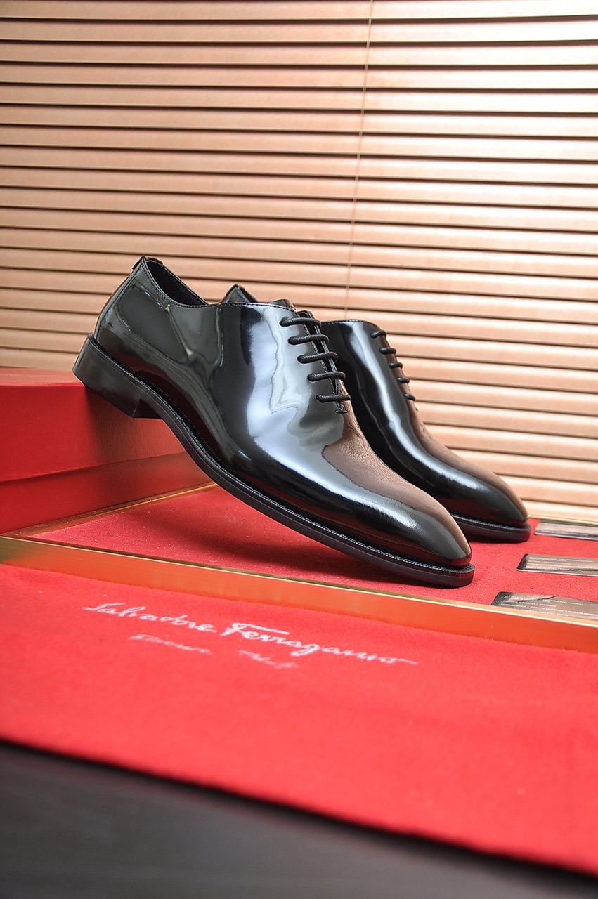 Ferragamo Black Lace-Up Dress Shoes — front