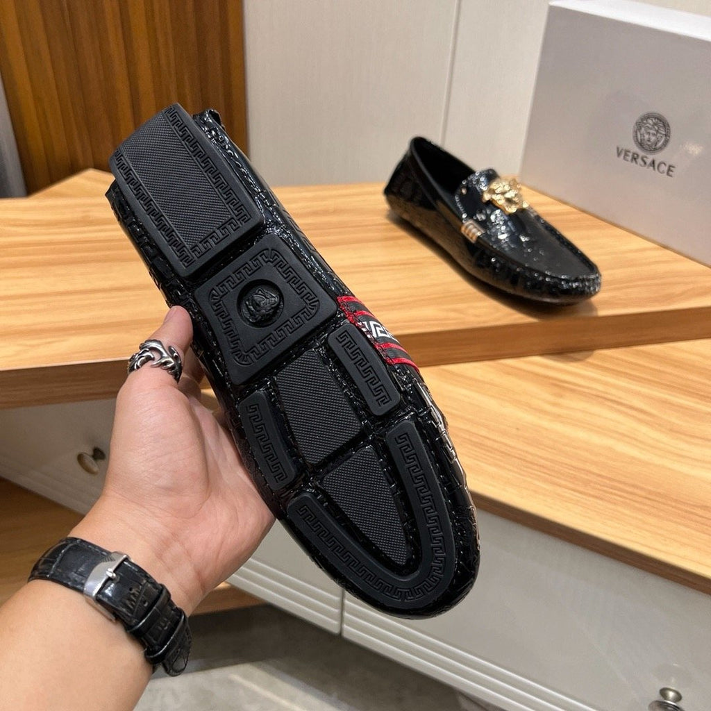 Versace Black Patterned Loafers with Gold-Tone Ornament — detail