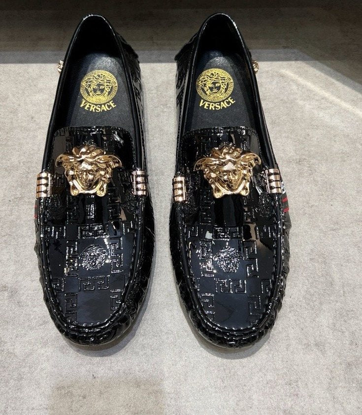 Versace Black Patterned Loafers with Gold-Tone Ornament — hero