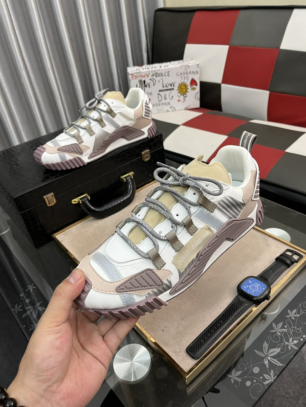 Dolce & Gabbana Cream and Mauve Chunky Sneakers — model