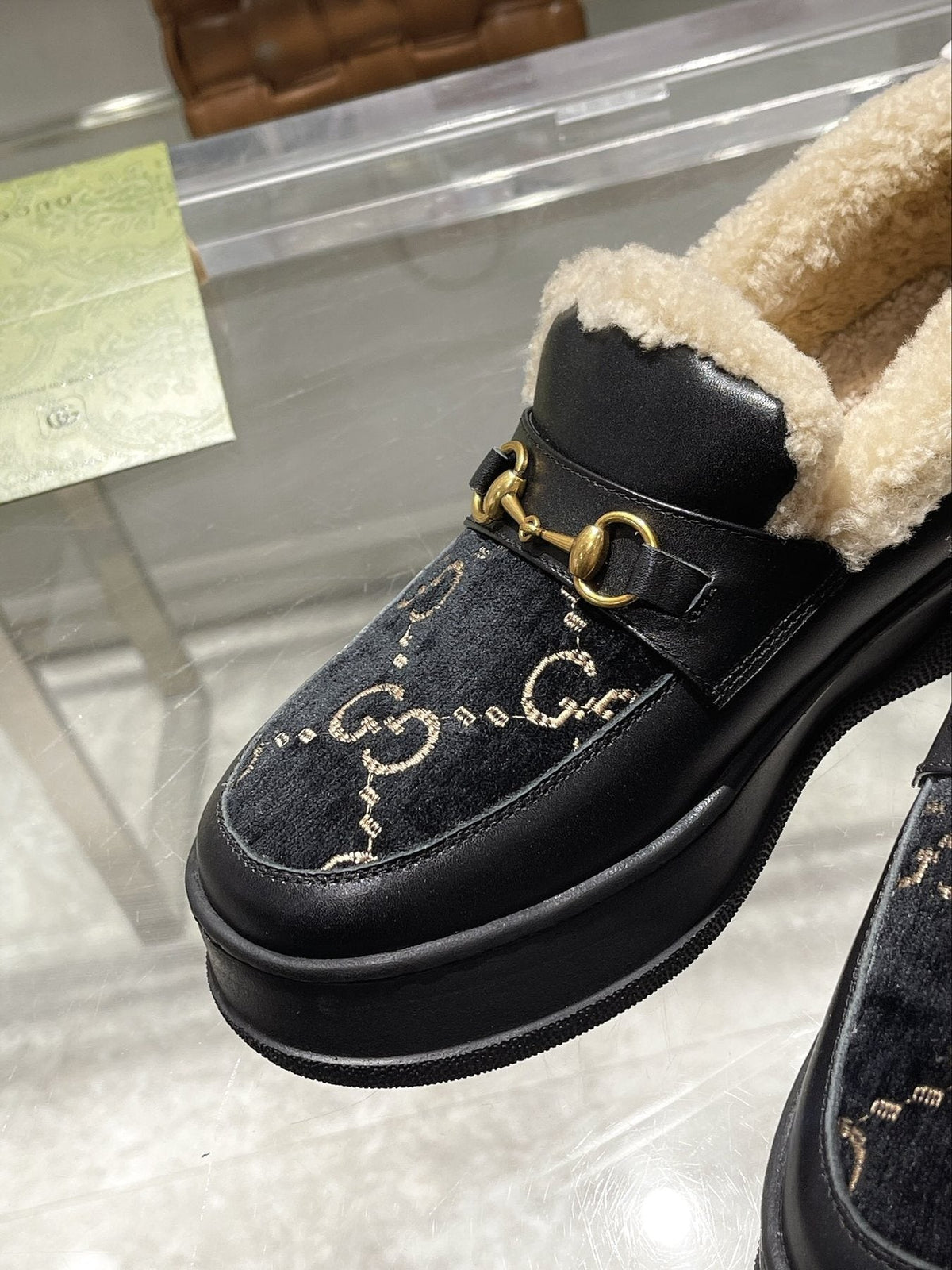 Gucci Patterned Plush-Lined Slip-On Shoes — detail
