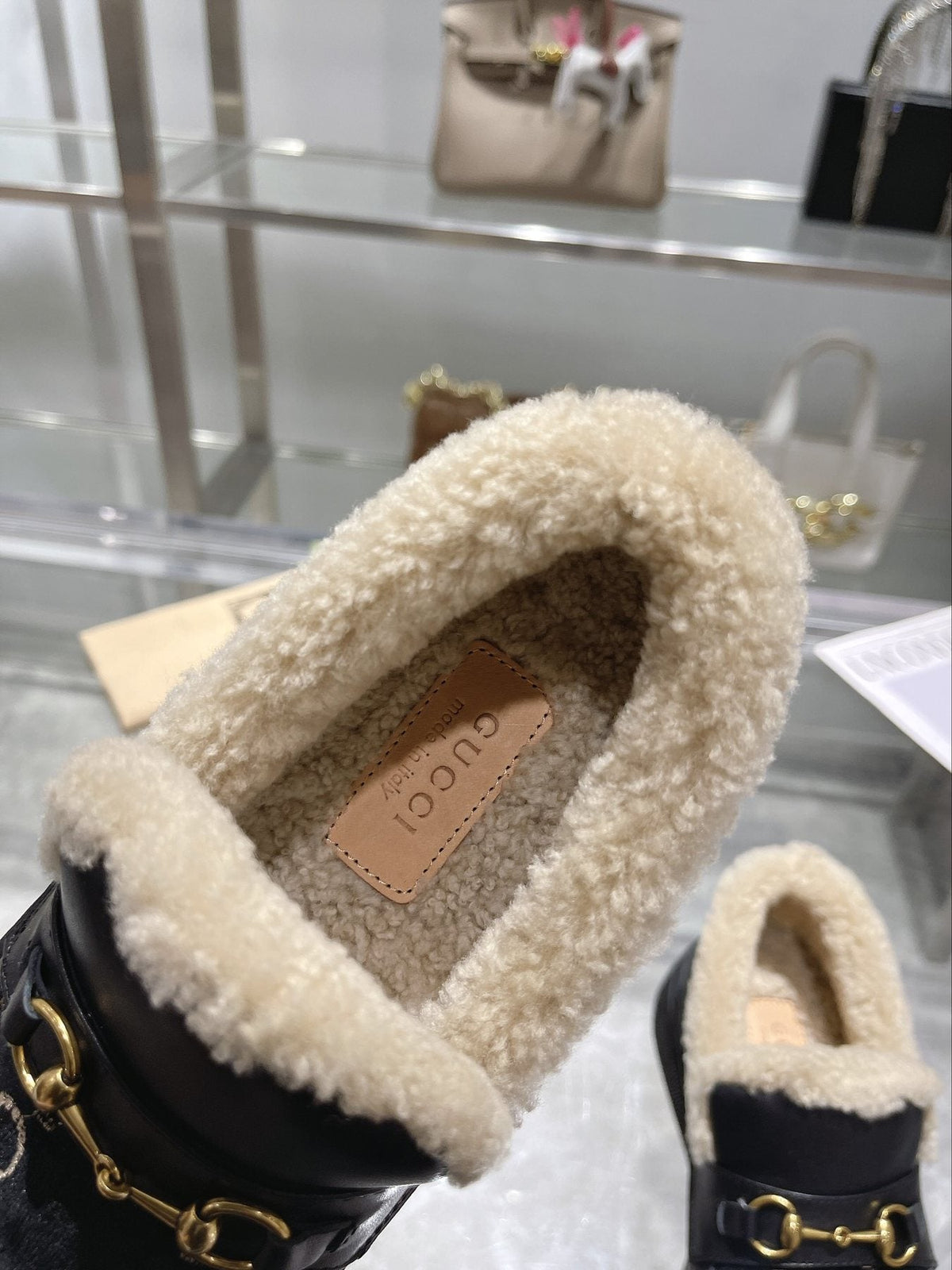 Gucci Patterned Plush-Lined Slip-On Shoes — detail