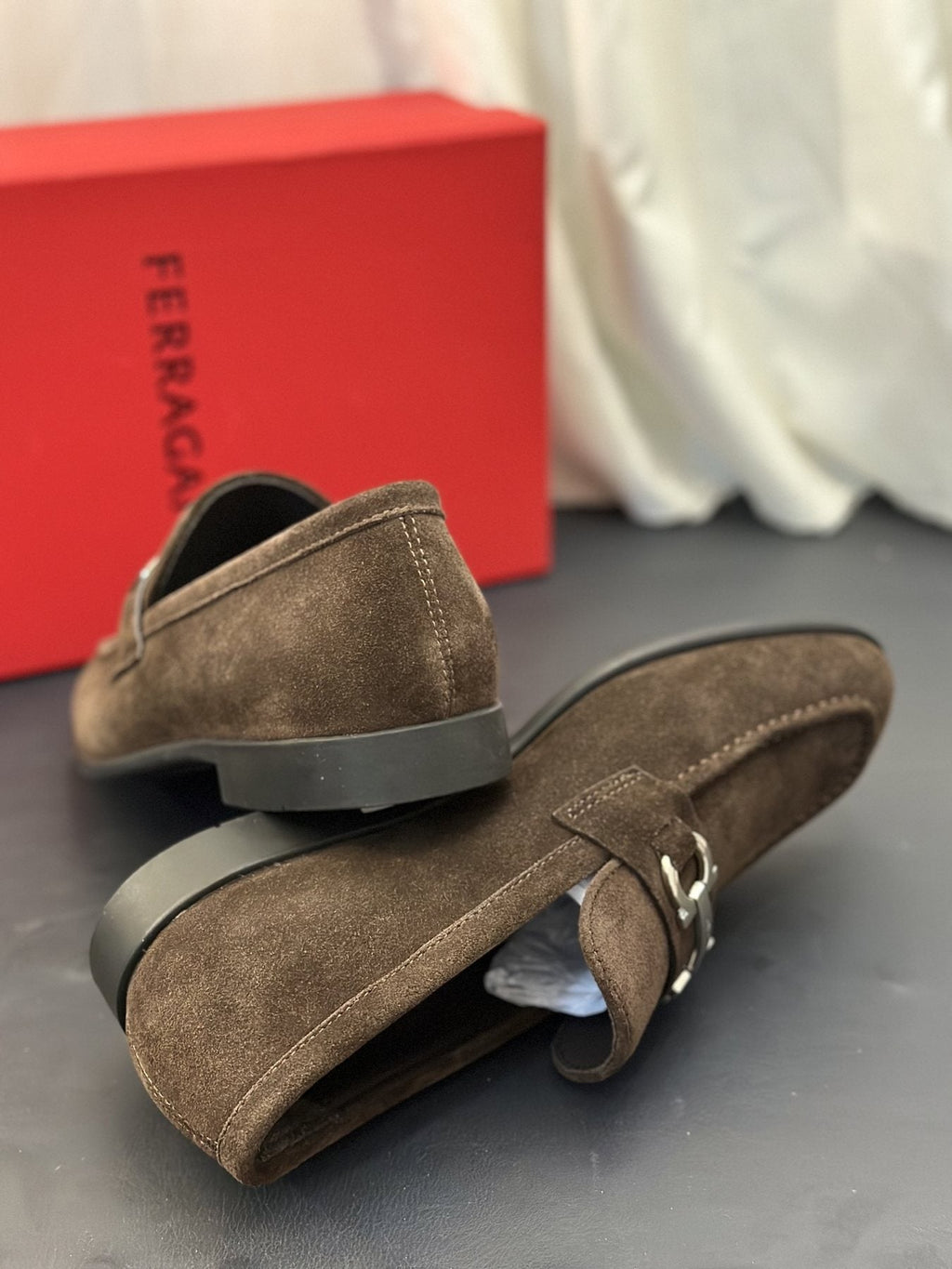 Ferragamo Brown Metal-Detail Loafers — back
