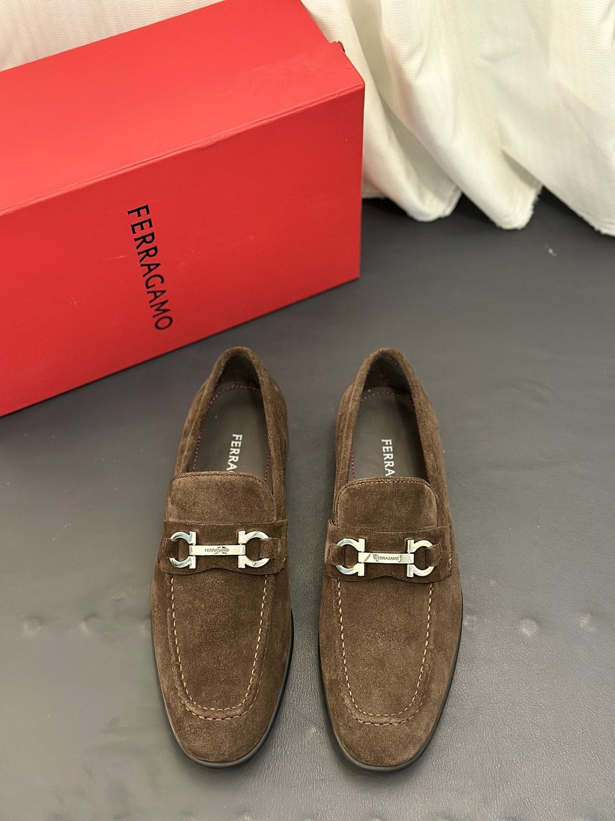 Ferragamo Brown Metal-Detail Loafers — front