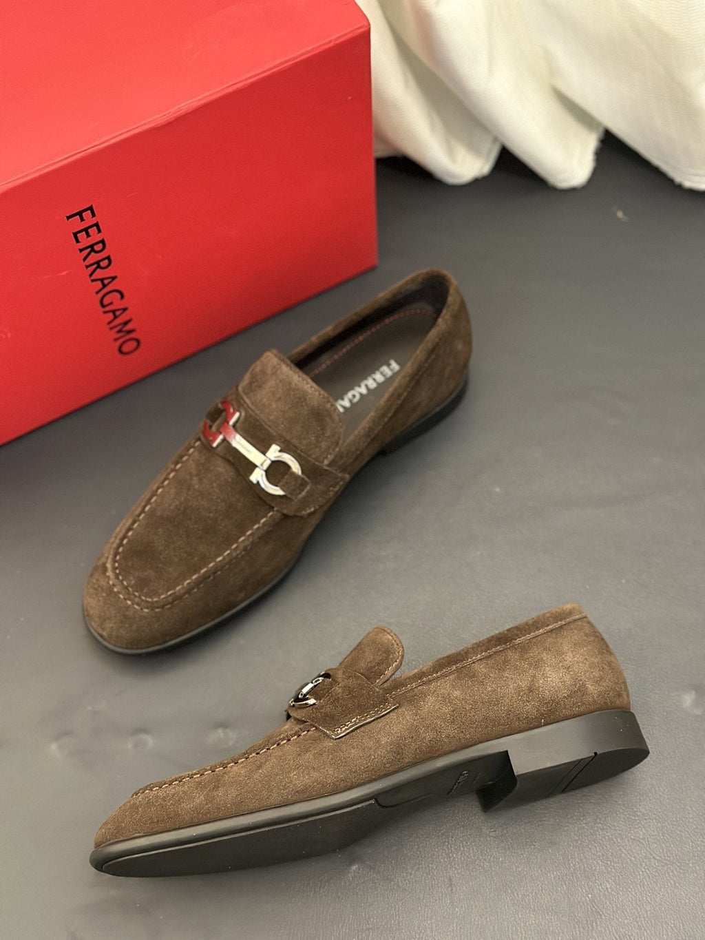 Ferragamo Brown Metal-Detail Loafers — side