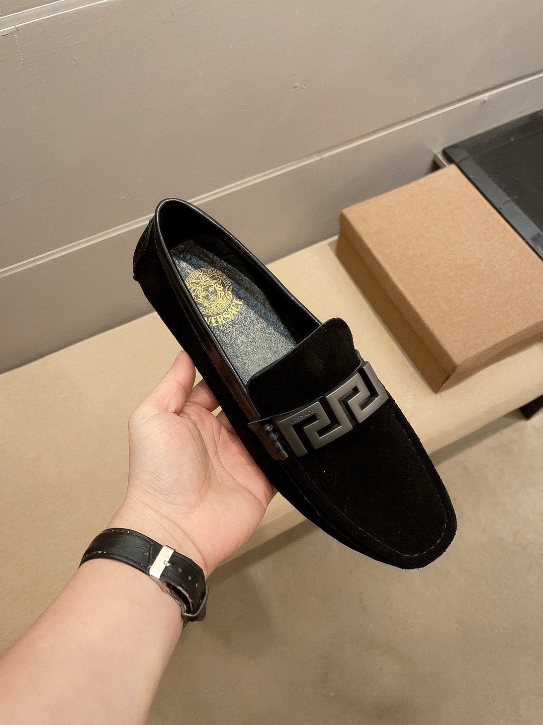 Versace Black Loafers with Silver-Tone Hardware — front