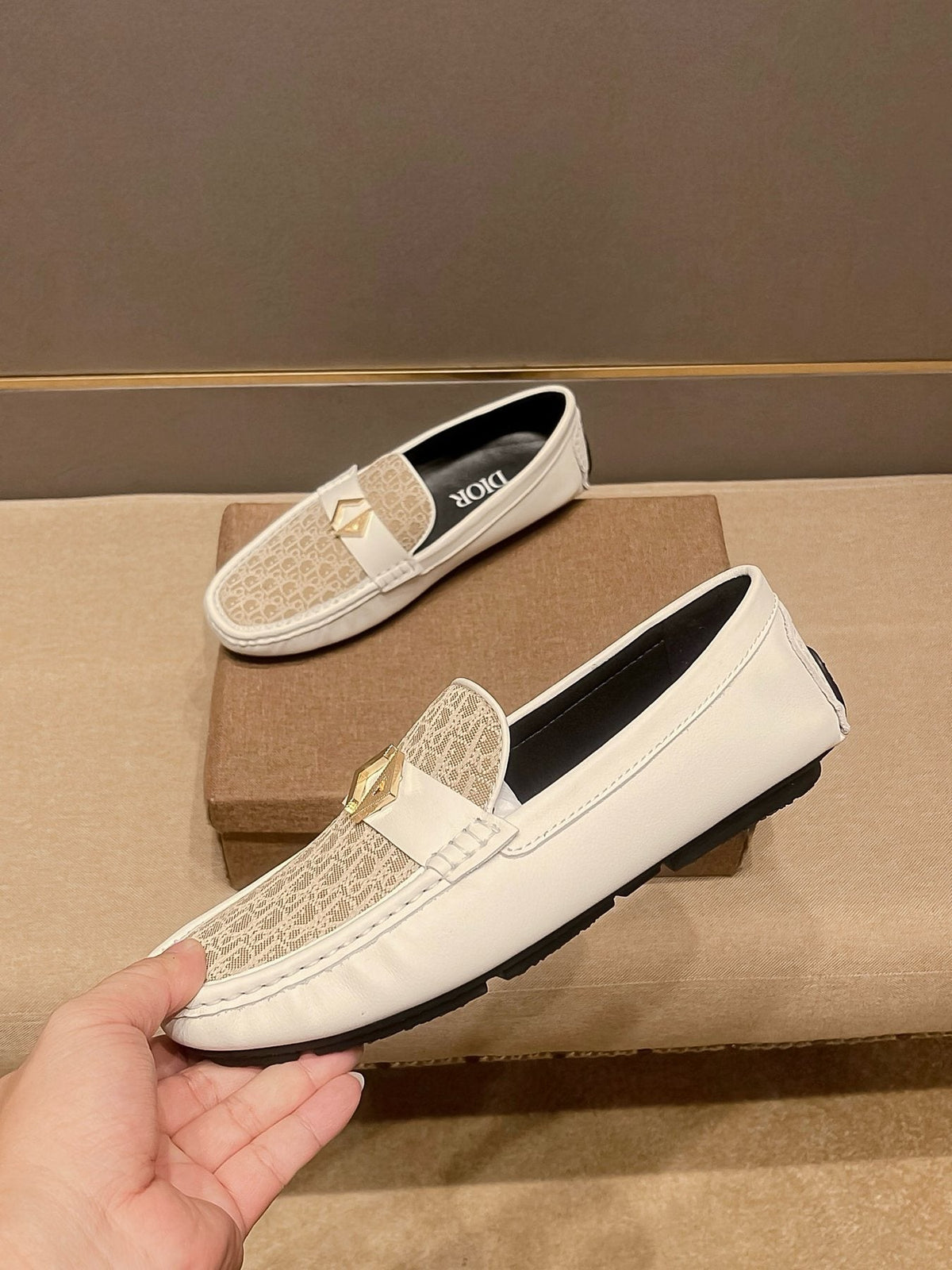 Dior Men's Ivory and Beige Patterned Loafers — side