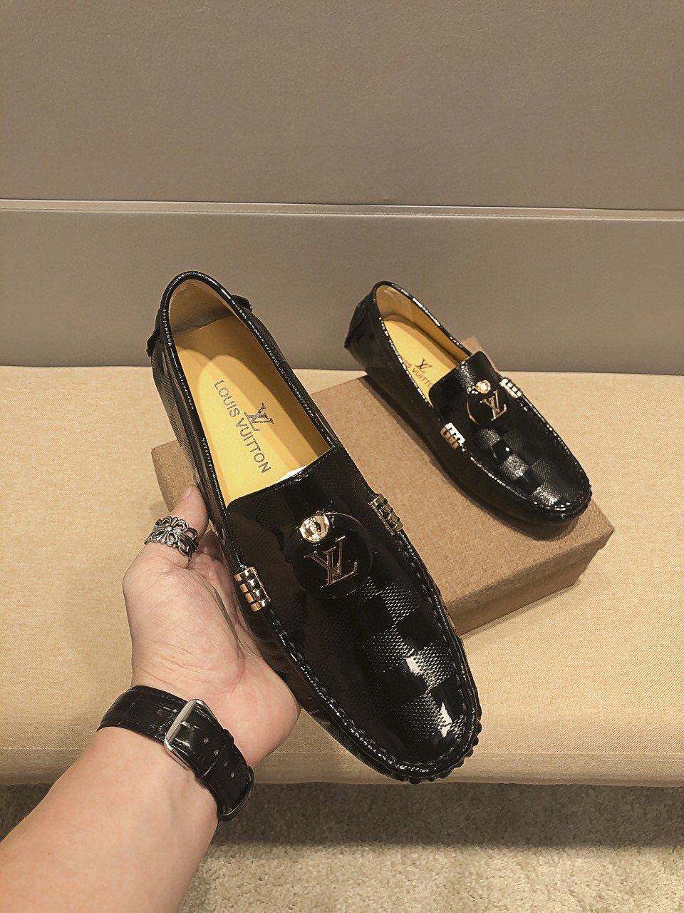 Louis Vuitton Black Checkerboard Loafers — model