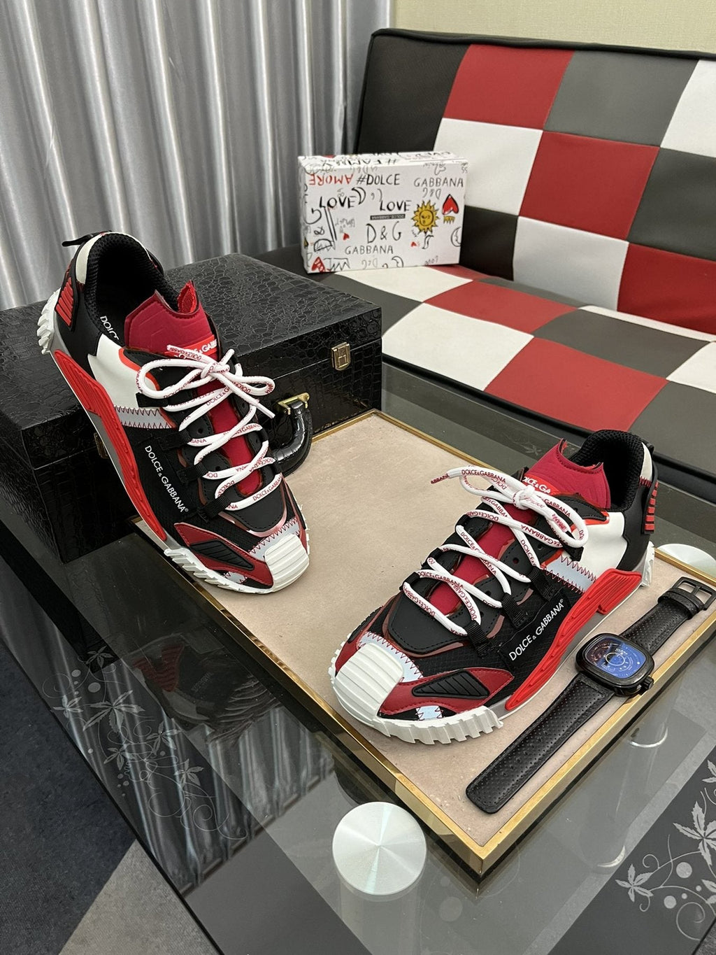 Dolce & Gabbana Men's Black and Red Chunky Sneakers — front