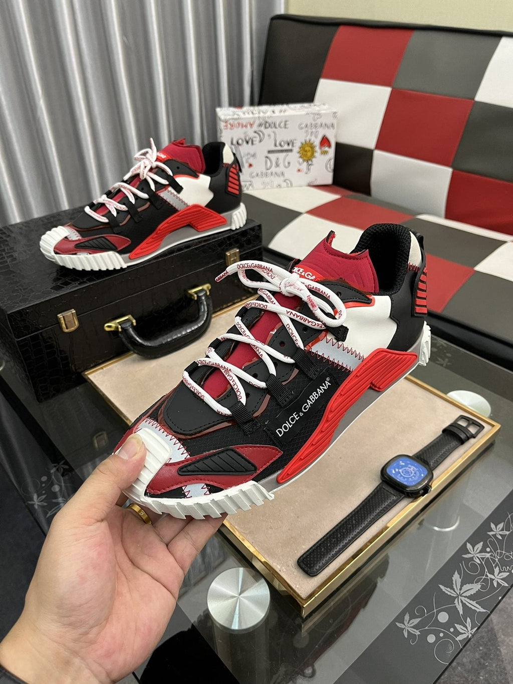 Dolce & Gabbana Men's Black and Red Chunky Sneakers — model