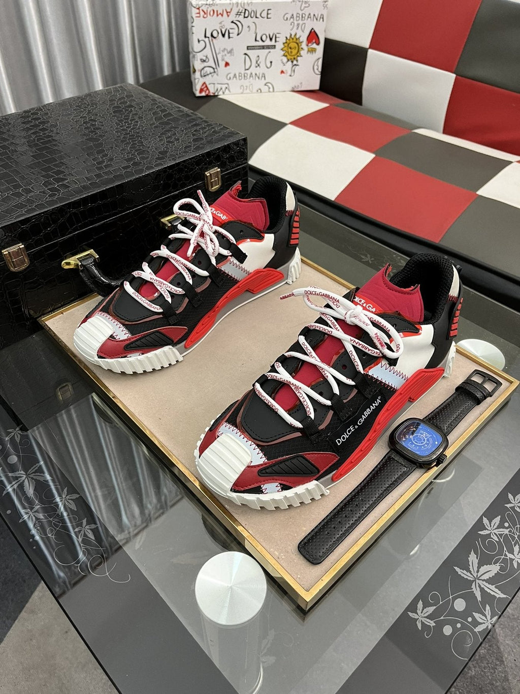 Dolce & Gabbana Men's Black and Red Chunky Sneakers — front