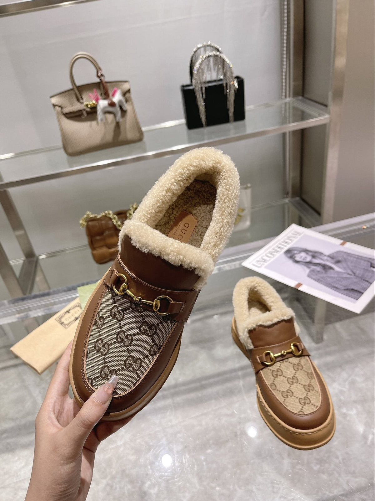 Gucci Patterned Plush-Trim Slip-On Snow Boots — model