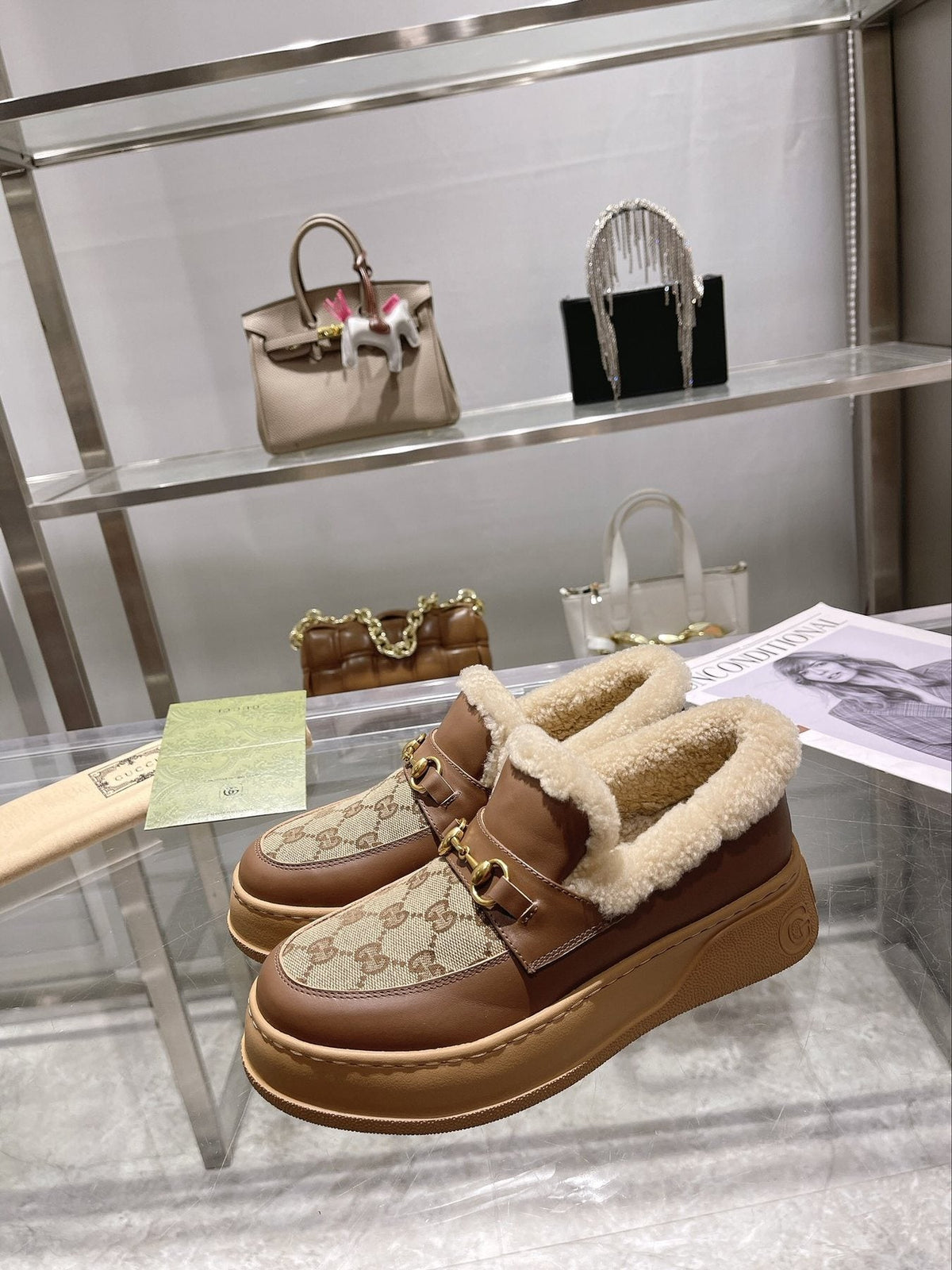 Gucci Patterned Plush-Trim Slip-On Snow Boots — model