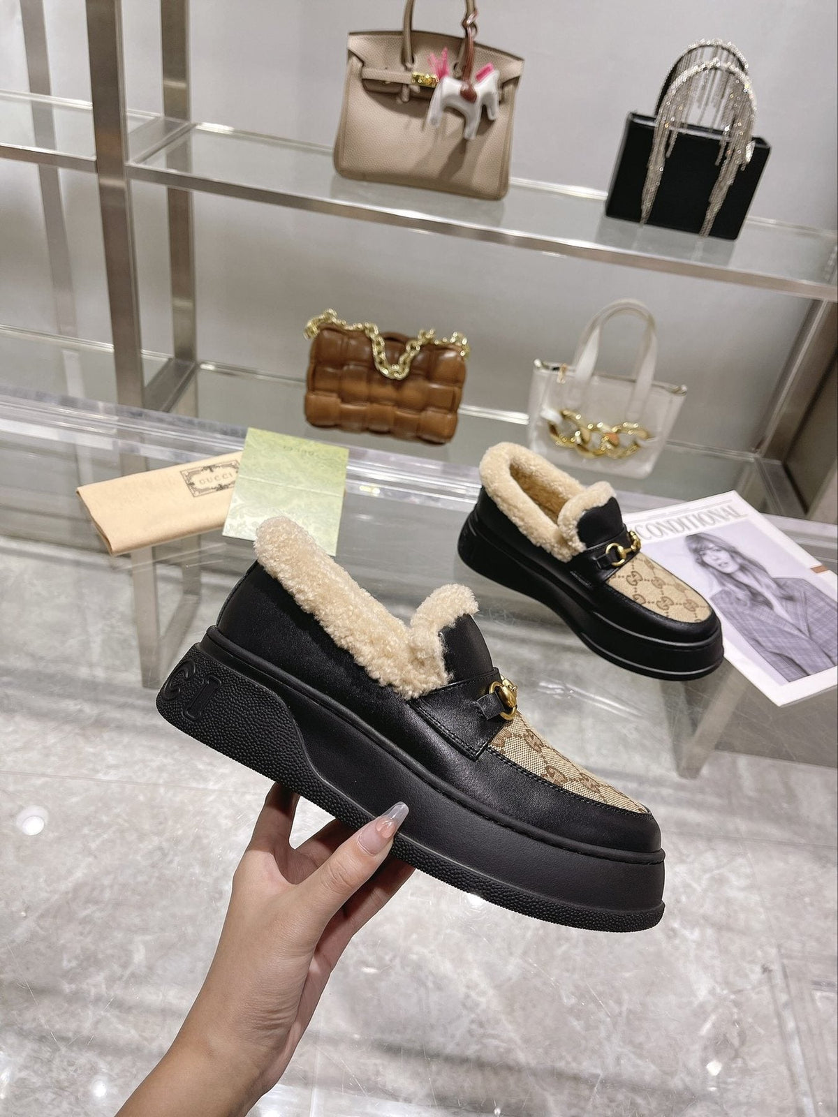 Gucci Patterned Plush-Trim Slip-On Snow Boots — model